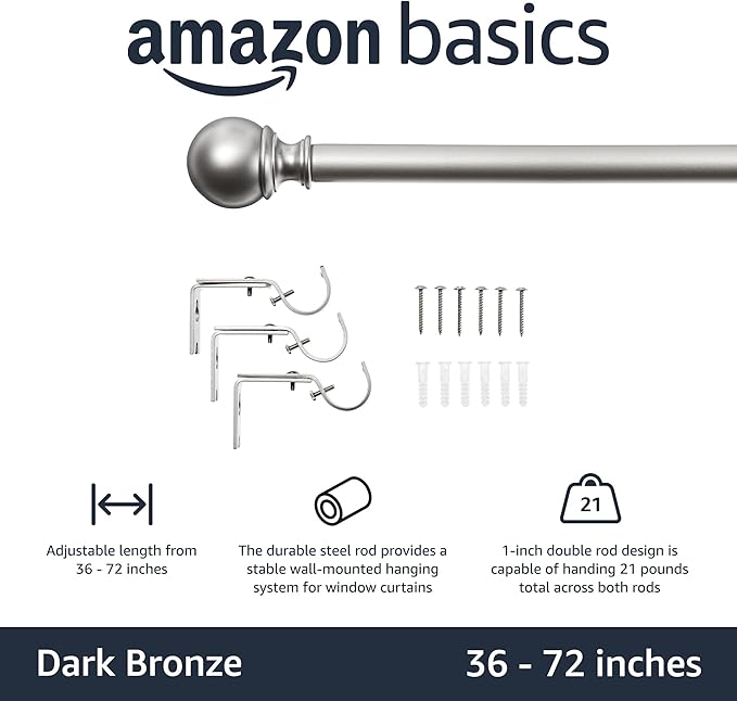 Amazon Basics Adjustable Curtain Rods for Windows, Round Finials, 1-Inch Rod, 36" to 72", Nickel, Pack of 1