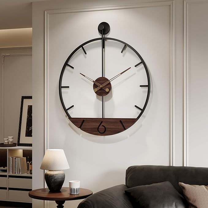 Cuspin Extra Large Wall Clock 36 Inch Modern Black Metal Clock with Walnut Wood Dial, Silent Non-Ticking Oversized Decorative Battery Powered Big Clock for Living Room, Kitchen, Office, Bedroom