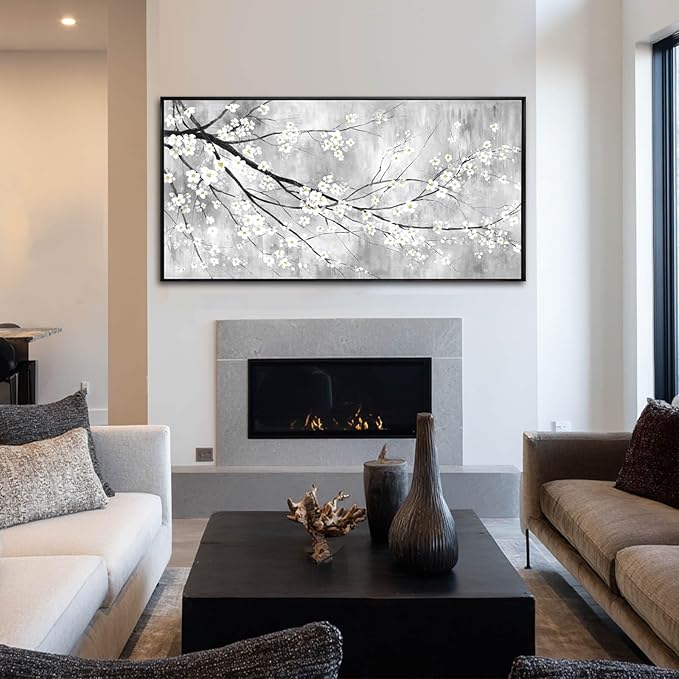 WINKAILIN Large 29"x58" White Black and Gold Plum Blossom Canvas Black Frame Wall Art Minimalist Flower Poster Decorative Artwork for Living Room Bedroom Office Kitchen Walls