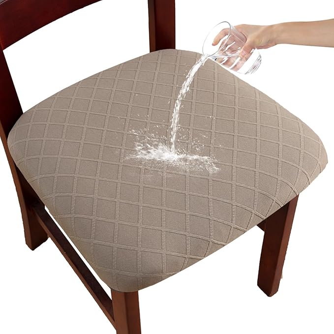 Waterproof Chair Seat Covers Set of 2 for Dining Room, Stretch Removable Washable Dining Chair Seat Slipcovers for Home,Restaurant, Banquet,Kitchen Chair Seat Cushion Protector(Taupe,Small)