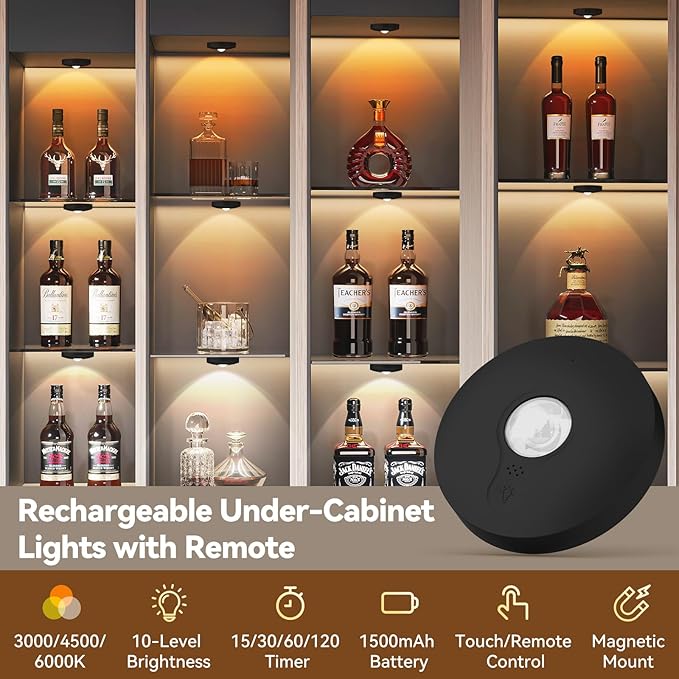 Yiliaw Rechargeable Puck Lights with Remote, 12 Pack Magnetic Under Cabinet Lighting, 1500mAh Battery Operated LED Tap Lights with Dimmer & Timmer for Kitchen, Closet, Shelf - 3 Color Temps, Black