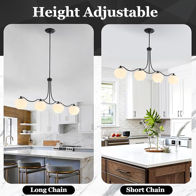 4 Lights 22.4" Kitchen Island Lighting Matte Black Dining Room Light Fixture Adjustable Rods Farmhouse Chandelier Pendant Lighting with Opal Glass Lampshade for Kitchen Over Table Living Room Entry