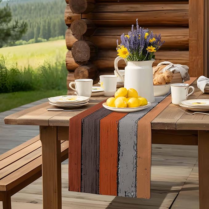 Farmhouse Cotton Linen Table Runner Dresser Scarf Retro Rustic Barn Wood Texture Ombre Burnt Orange Gray Non-Slip Rectangle Settings Decoration for Kitchen Home Dining Holiday,72 inches Long
