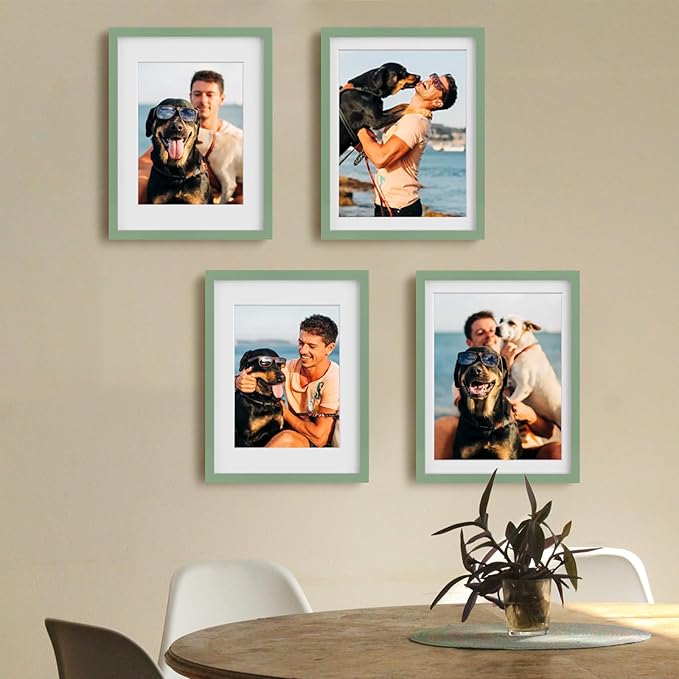 Egofine 12x16 Picture Frames 4PCS Covered by Plexiglass, Made of Solid Wood, Display Pictures 9x12 and 11x14 with Mat or 12x16 Without Mat for Table Top and Wall Mounting, Green