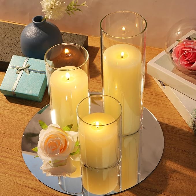 Shihanee Set of 12 Pillar Candles and Glass Cylinder Vases Clear Cylinder CandleHolders for Slim Pillar Candles Wedding Centerpieces(3.4''x 4.7'', 7'', 9.8'',Ivory White)