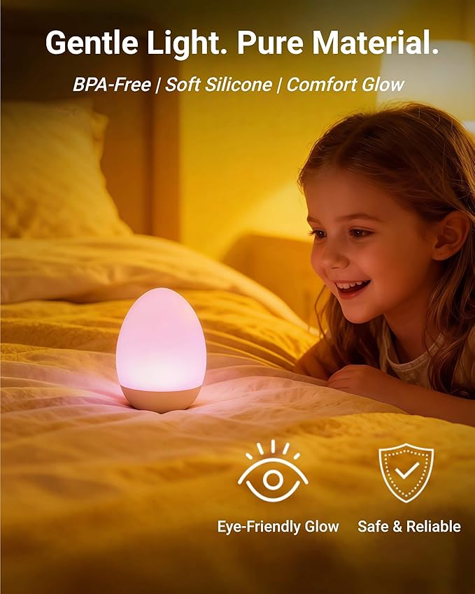 Egg Baby Night Light for Nursery & Breastfeeding – Portable Touch Light with 7 RGB Colors, Stepless Dimming, Rechargeable, BPA-Free Soft Silicone, Compact Lamp for Kids & Newborns
