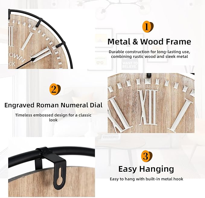 MODE HOME Large Farmhouse Wall Clock, 24 Inch Rustic Wooden Wall Clock Decorative with Metal Circle and Engraved Numerals, Silent Battery Operated for Kitchen Bedroom Living Room Fireplace Mantel