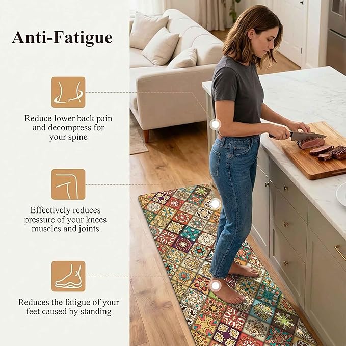 Boho Kitchen Rug Mats for Floor Cushioned Anti Fatigue Mexican Colorful Ceramic Tile Kitchen Rugs Sets of 2 Non Slip Waterproof Comfort Memory Foam Standing Floor Mat for Laundry Sink Desk
