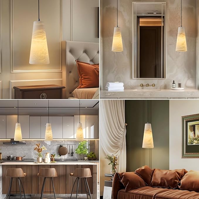 Alabaster Pendant Lights Kitchen Island 2 Pack, H-10in White Pendant Light Fixtures, Marble Conical Shade Black, Light Pendant for Bedroom Bathroom Dining Room Living Room (Dimmable Bulbs INCL)