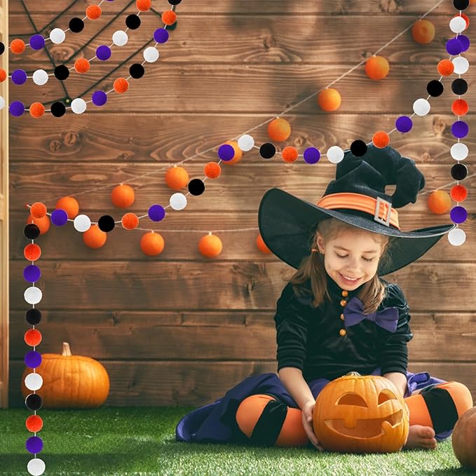 Halloween Pom Pom Garland Halloween Decorations 3pk Orange Purple Black White Felt Ball Garland Cute Hanging Decor for Room Home Office Classroom Wall, Fall Wedding Birthday Party Decorations Supplies