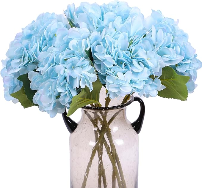 Kimura's Cabin 6pcs Blue Artificial Silk Flowers Fake Hydrangeas Flower with Stems Faux Hydrangea Bouquets for Home Wedding Party Table Core Decoration (Blue, Pack of 6)