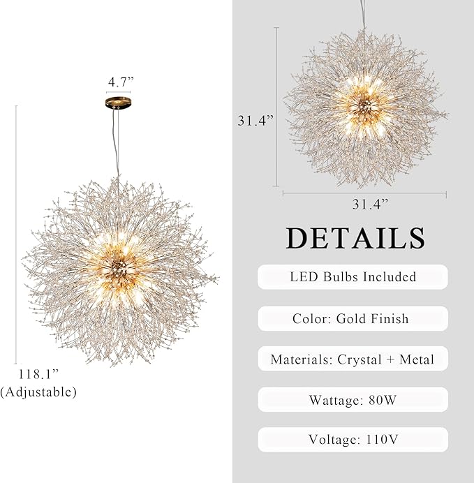 Modern Sputnik Chandelier, Large Crystal Beaded Hanging Light, Gold 16-Light Firework Lamp, Round Dandelion Pendant Light Fixtures for Dining Room Living Room Bedroom (Gold, D31.4inch)