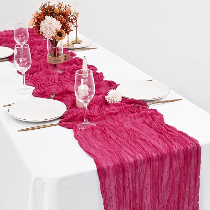 12 Pack Hot Pink Cheesecloth Table Runner, Gauze Boho Long Cheesecloth Table Runner 35x70inch Rustic Table Runners for Wedding Party Bridal Shower Banquet Easter Table Decorations