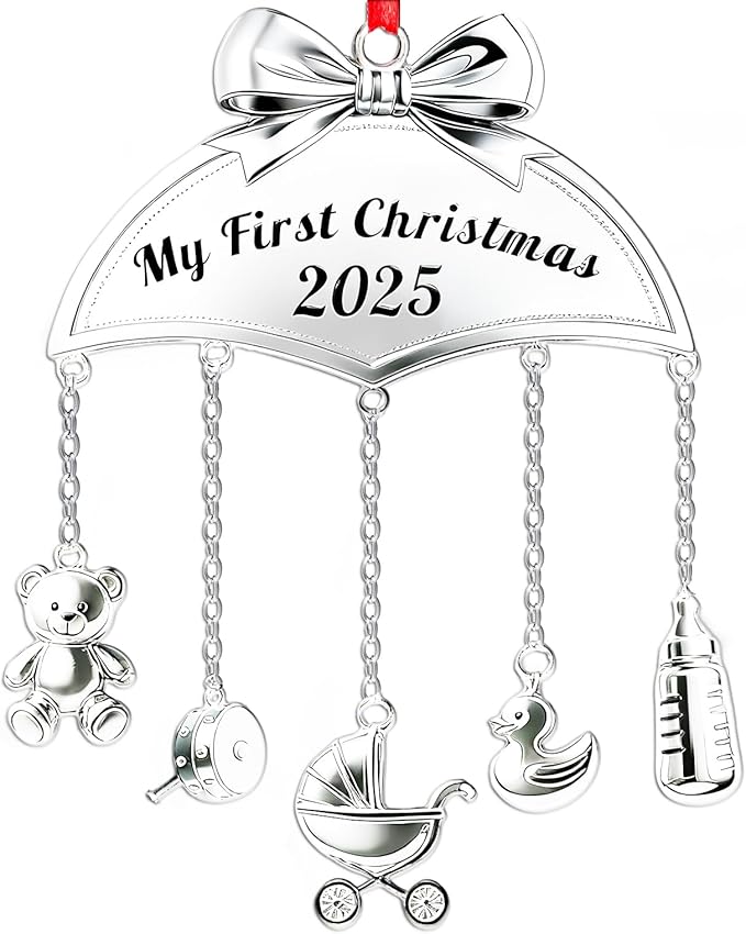 Baby's First Christmas Ornament 2025 My 1st Christmas Mobile Ornament for Girls Boys Newborn Gifts Decor New Baby Keepsake with Hanging Bear Duck Carriage Rattle Pacifier Bottle