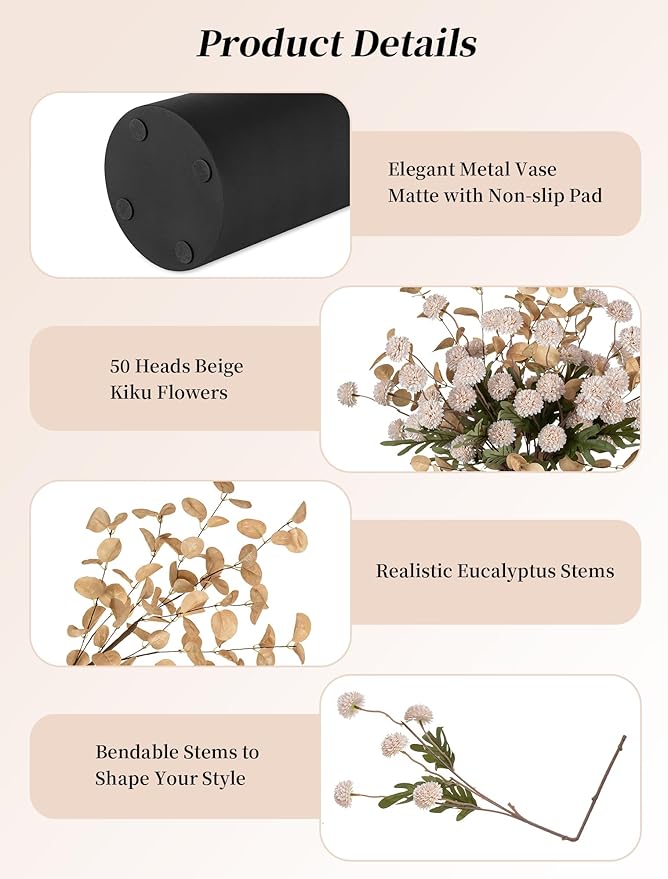 BLOSMON Dining Table Centerpiece Decor: Metal Vase with 12 Stems of Fake Mums Kiku Flower Eucalyptuses for Home - Beige Artificial Pom Poms Faux Floral Arrangements in Vase for Living Room