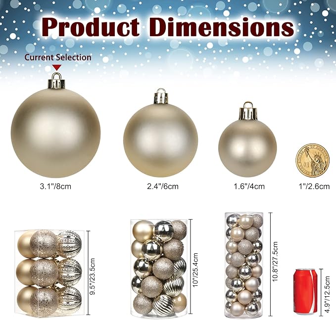 3.15" Champagne Christmas Balls Ornaments 12 Pcs Shatterproof Christmas Ornaments Set Matte Large Champagne Ornament for Xmas Tree Halloween Holiday Party