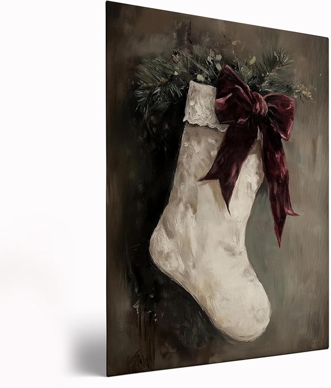 Vintage Christmas Victorian Stocking Poster,Rustic Christmas Winter Wall Art,Burgundy Holiday Decor,Festive Victorian Stocking Art,Christmas Home Fireplace Decor12x16inch Framed Art