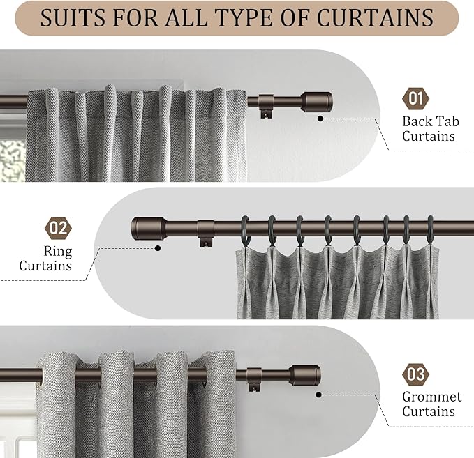 1” Diameter Bronze Curtain Rods for Windows, 1 Pack 30-120 Inch Heavy Duty Window Rods, Long Adjustable Curtain Rod, Fits Most Standard Windows, Suitable for Bedroom, Living Room, Farmhouse