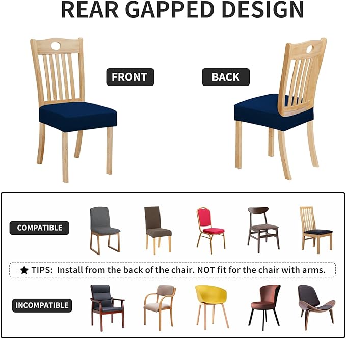 Easy-Going 100% Waterproof Seat Covers for Dining Room Chairs Set of 4, Stretch Chair Seat Slipcovers Protector Removable and Washable Kitchen Dining Chair Covers, Navy