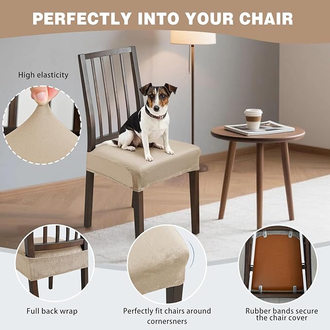 Dining Chair Seat Covers, Stretch Velvet Chair Seat Slipcovers Protector, Removable Washable Kitchen Chair Covers for Dining Room Chairs (Set of 2, Khaki)