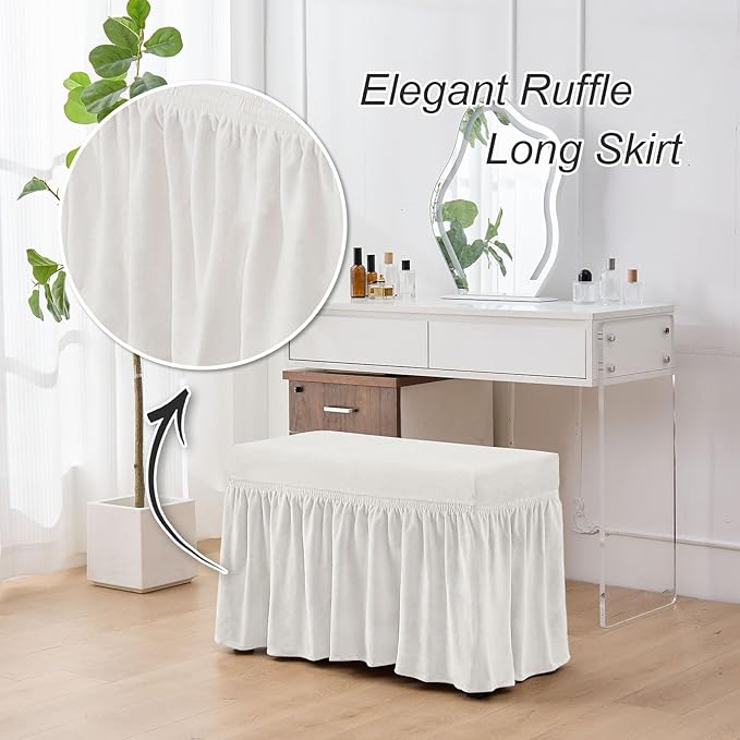 NICEEC Spandex Stretch Piano Bench Cover with Skirt Removable Ottoman Cover Rectangular Washable Stool Slipcover for Duet Piano Bench Seat Cushion Protector(White)