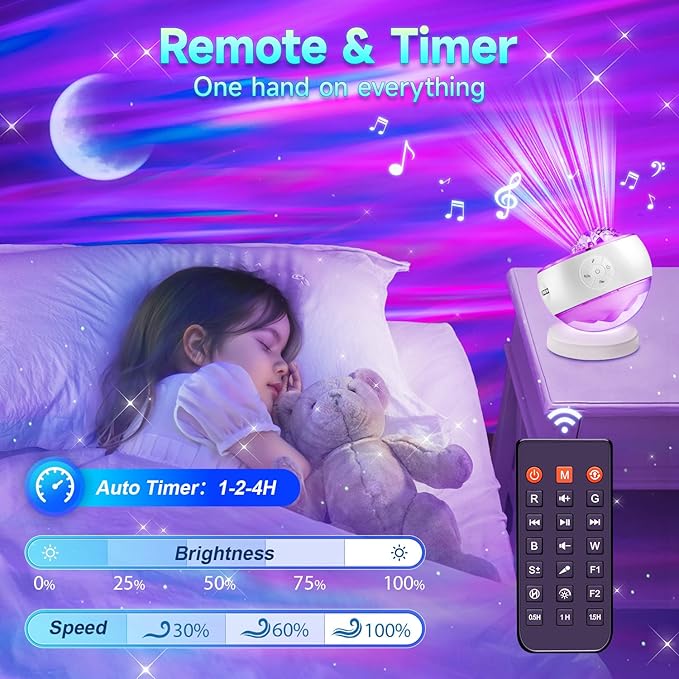 One Fire Northern Lights Projector,16Color Galaxy Projector for Bedroom, 15 White Noise Galaxy Light Projector, 5Moon Star Projector, Bluetooth Aurora Light Projector, Remote Timer Star Lights