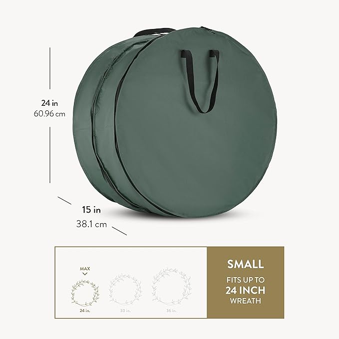 ZOBER Christmas Wreath Storage Container 24 Inch - Wreath Bag Fits 2 Wreaths Box - 600D Oxford Fabric - Interior Compartment for Storing Garlands, Wreaths Storage Bag W Strong Durable Handles - Green