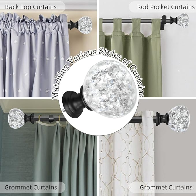 Matte Black Double Curtain Rod for Windows 28 to 48 Inch: Double Window Treatment Curtain Rod Heavy Duty Adjustable from28 to 48 Inch - Silver Foil Resin Finials and Double Curtain Rod