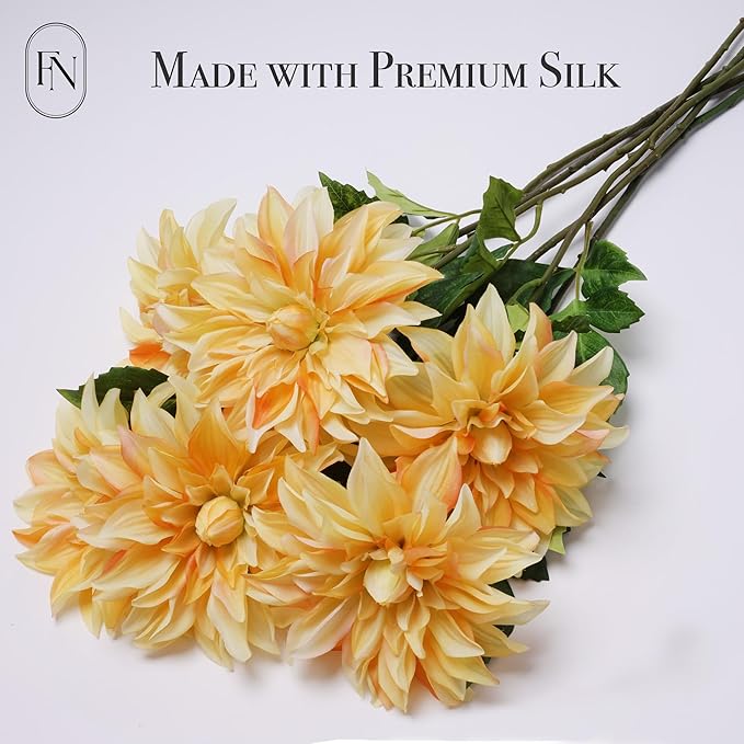 Artificial Yellow Dahlia 6 Large Heads with Stem Faux Fake Silk Flower Decor for Vase Bouquet Home Living Room Indoor Outdoor Wedding Spring Summer All Seasons DIY Decoration Arrangement