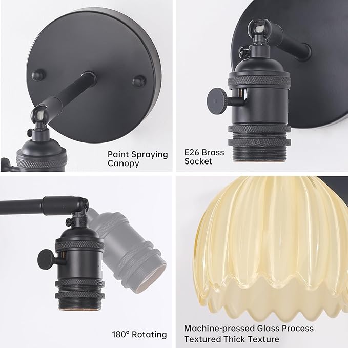 Vintage 5000 mAh Battery Operated Wall Sconce with Pastel Yellow Tulip Glass Lampshade Rechargeable Battery Powered Wall Light with Remote Control for Bedroom Doorway, Set of 2