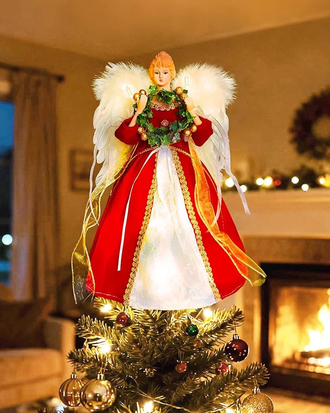 Angel Tree Topper with Lights | 12 Inch Christmas Angel Tree Topper with Feather Wings | Battery Powered Christmas Tree Toppers Lighted for Vintage Decor | Xmas Tree Topper Ornament, Red