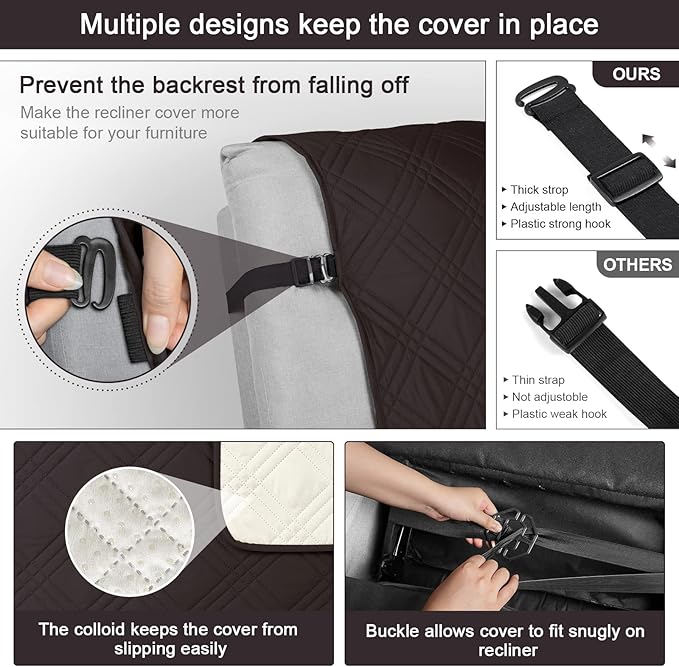TAOCOCO 100% Waterproof Recliner Chair Cover, Oversized Recliner Covers for Large Recliner Chair with Double Straps, Non Slip Reclining Chair Cover for Kids, Pets(Oversized Recliner, Coffee)