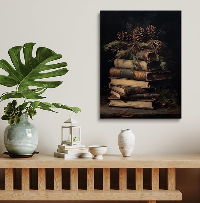 Pinecones With Book Poster,Rustic Christmas Wall Art,Book Art,Victorian Pinecones Print Oil Painting,Still Life Print,Dark Academia,Christmas Library Reading Room Bedroom Decor12x16inch Framed Art