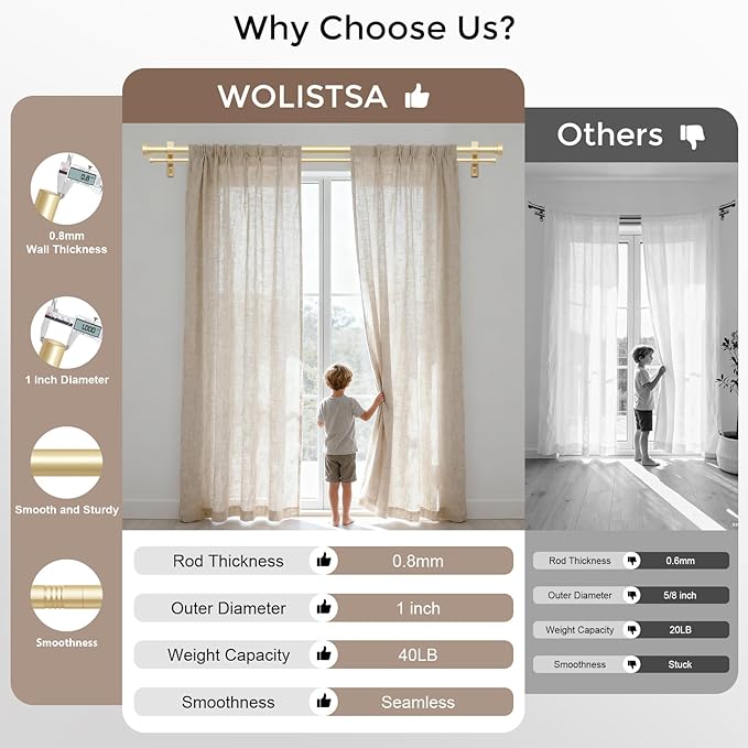 Double Curtain Rod, 1 Inch Gold Long Dual Curtain Rods 84 to 120 Inch with Aluminium Modern End Cap Finial, Adjustable Heavy Duty Window Treatment Rods, Telescopic Metal Double Drapery Pole Set