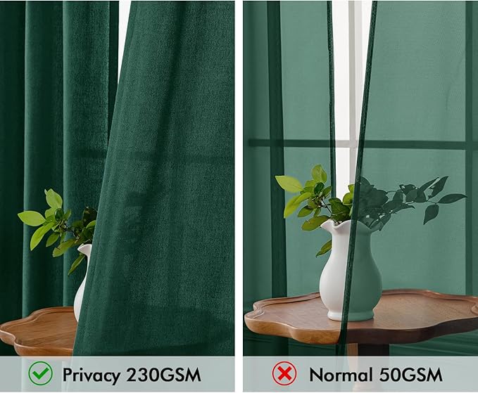 MIULEE Non-See-Through Privacy Linen Curtains 2 Panels, Christmas Emerald Green Light Filtering Window Curtains Textured Back Tab Semi Sheer Drapes for Bedroom Living Room, 52 x 90 Inches Long