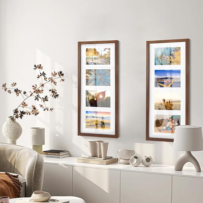 8x20 Oak Wood Picture Frame - 8x20 Photo Frame with Mat Display 4Pcs 4x6 Photos, 4x6 Picture Frame Wood, Natural Solid Wooden Picture Frames for Wall Art Photo and Prints(3 Pack, Walnut)