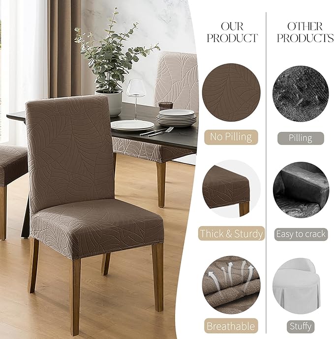 MOSAYT 100% Waterproof Dining Room Chair Covers Set of 6, Super Fit Stretch Jacquard Parson Chairs Slipcovers Removable Washable Chair Seat Protectors for Home, Kitchen, Banquet (Taupe)