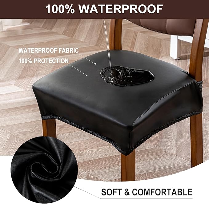 Waterproof Seat Covers for Dining Room Chairs Set of 2 - PU Leather Removable Washable Chair Seat Slipcovers, Rear Covers (Black)