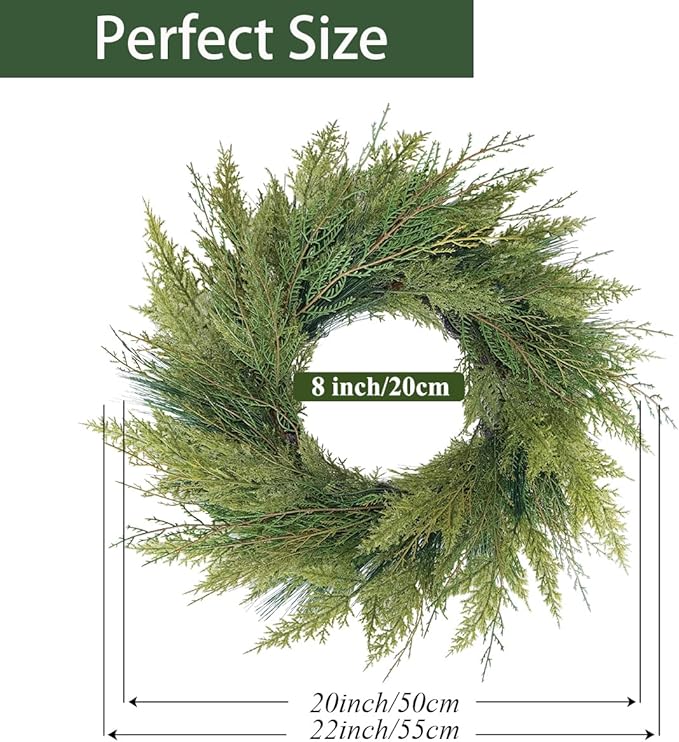 20” Green Faux Norfolk Pine Christmas Winter Wreath – Mixed with Real Touch Fake Cypress, Cedar & Spruce, Xmas Wreaths for Front Door Porch Mantel & Fireplace