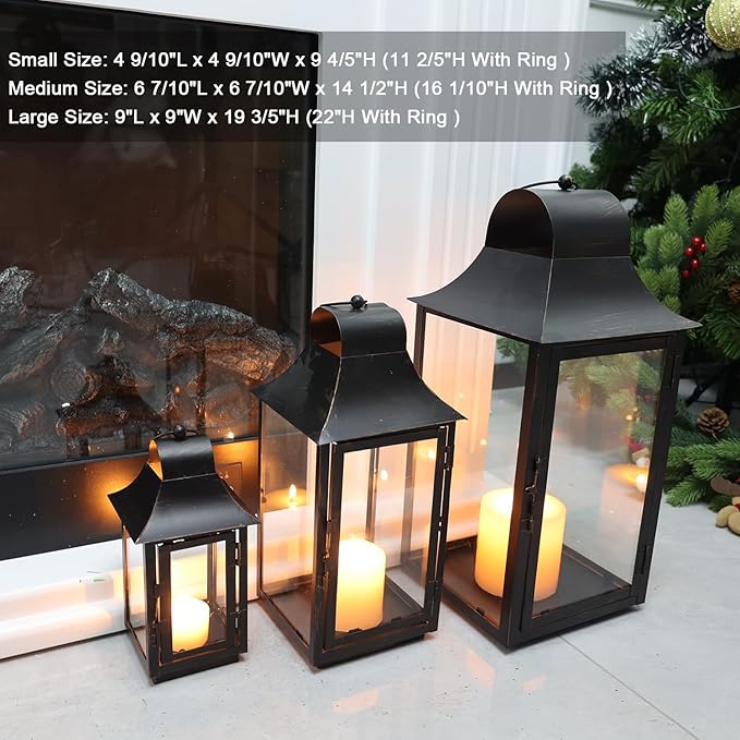 DECORKEY 3Pack Lanterns Decorative Outdoor & Indoor, Large Square Lanterns Decorative for Front Porch, Metal Frame Candle Holders with Glass, Vintage Patio, Pathway, Balcony, Garden, Yard Decor