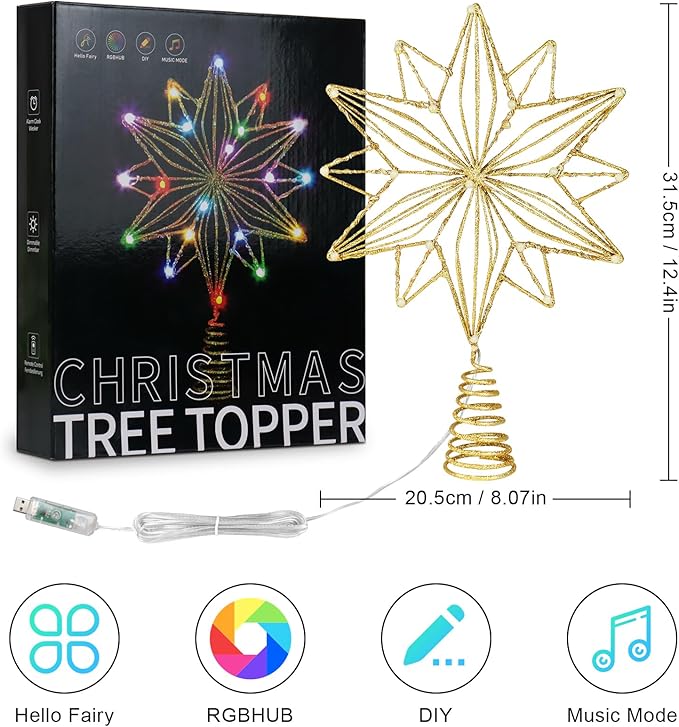 Christmas Tree Star Topper, RGB 8In Glittered Star Tree Topper Light with 20 LED Lights, Hollow Designed with USB Plug for Indoor New Year Holiday Tree Decoration