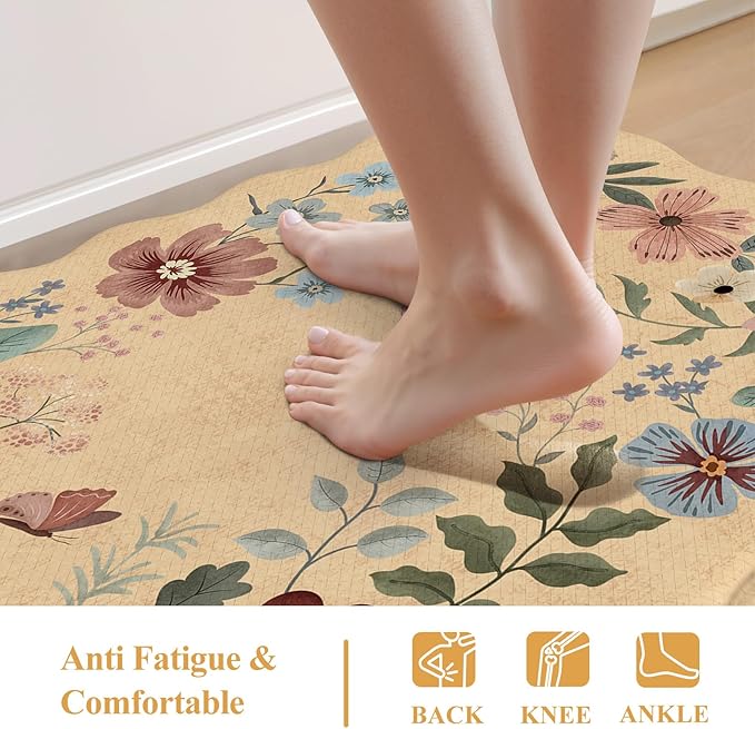 Collive Kitchen Floor Mat Cushioned Anti Fatigue, Scalloped Waterproof Kitchen Sink Rugs Non Skid Sets of 2, Memory Foam Comfort Standing Mats Boho Floral Desk Carpet for Laundry, Office, Home Decor