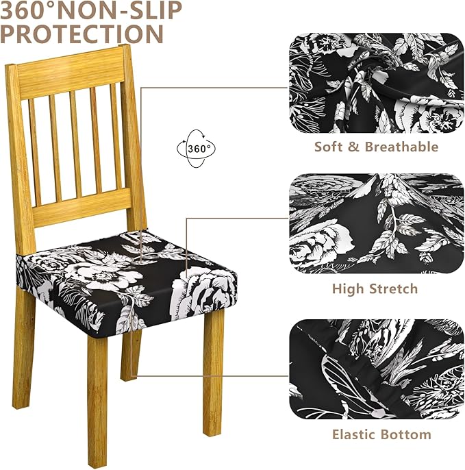 Stretch Dining Chair Seat Covers Set of 6,Dining Chair Slipcovers, Floral Printed Chair Covers,Soft Fabric Washable Upholstered Chair Seat Protector, No Rear Covers for Home Kitchen Dining Room