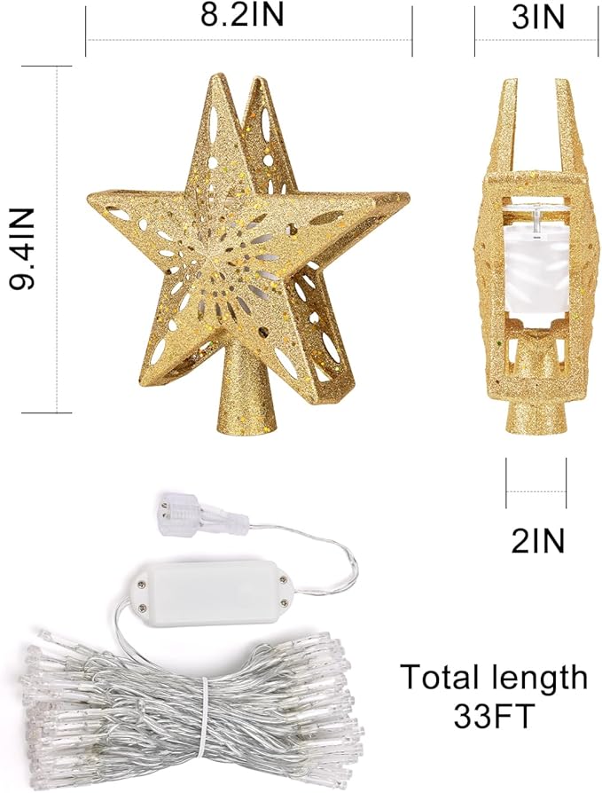 Christmas Tree Topper Star Lighted with Warm Christmas Light Cord, Built-in 6 Projected Patterns, 3D Glitter LED Rotating Lights for Party Holiday Xmas Decorations Gifts (Glod)