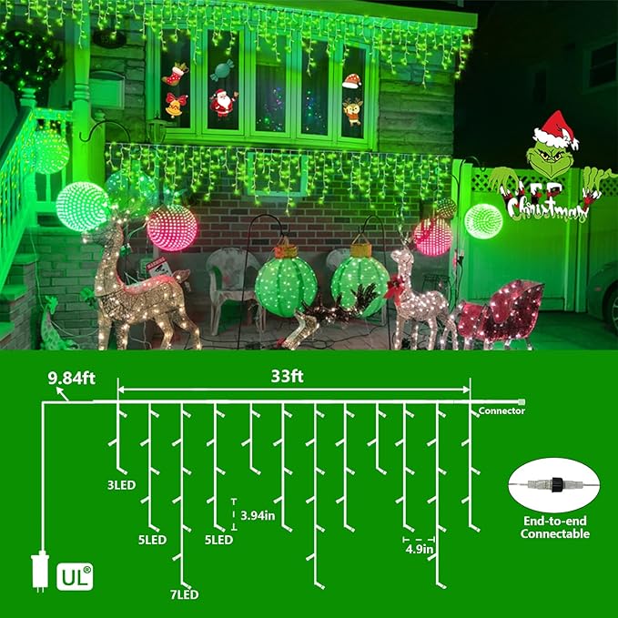 YEGUO 33ft 400 LED Icicle Christmas Lights Outdoor Waterproof, 80 Drops Icicle Lights Connectable, 8 Modes Icicle String Light with Memory(Green)