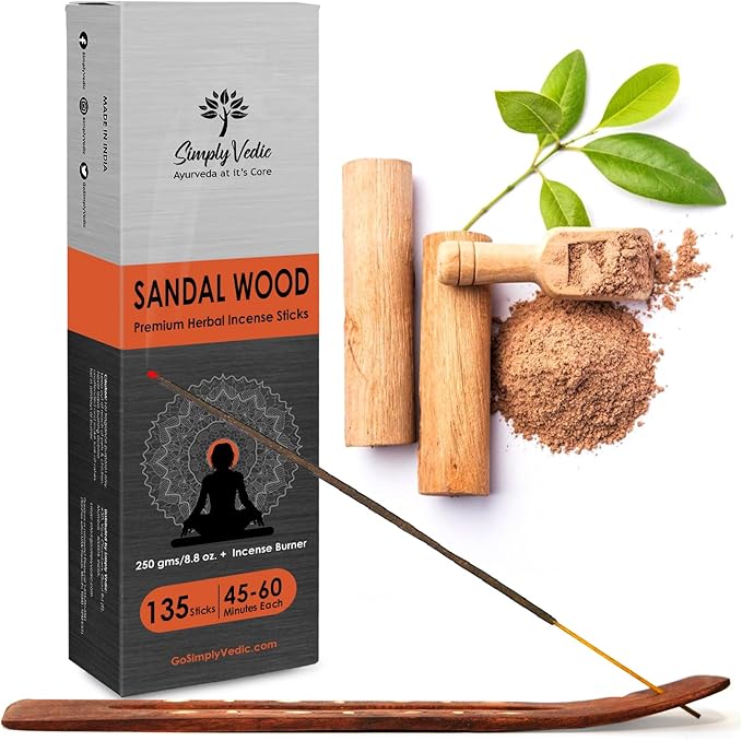 Simply Vedic Sandalwood Incense Sticks 250g (Approx. 135 Handmade Sticks) with Free Holder | 45 Min Burn | Natural Charcoal-Free Agarbatti for Meditation, Yoga, Aromatherapy, Relaxation