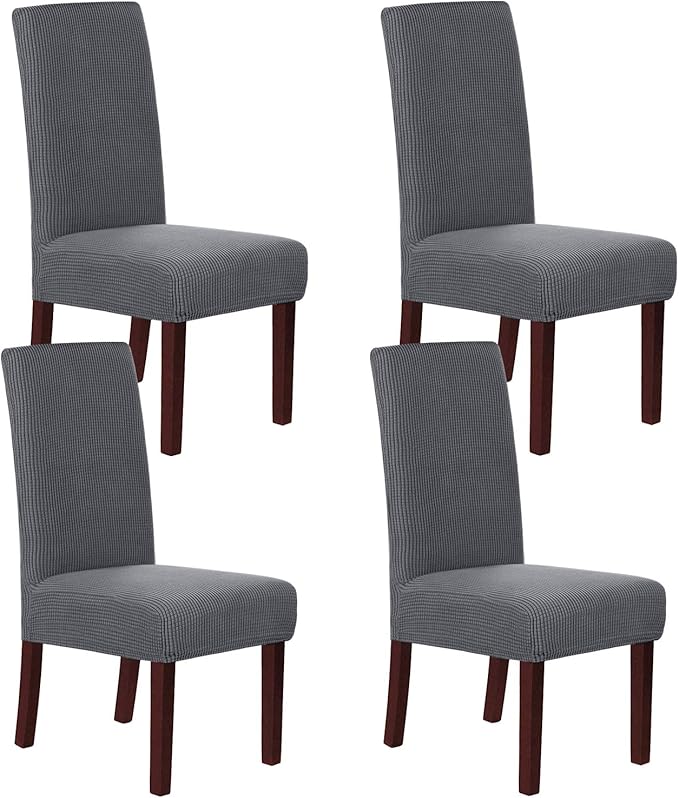 H.VERSAILTEX Stretch Dining Chair Covers Set of 4 Chair Covers for Dining Room Parsons Chair Slipcover Chair Protectors Covers Dining, Feature Textured Checked Jacquard Fabric, Gray