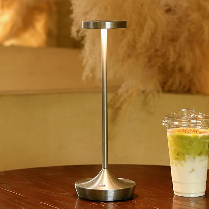 LED Cordless Table Lamp Rechargeable，Outdoor Battery Operated Desk Lamp Touch 3 Color Dimming Portable Waterproof Night Light for Patio/Restaurant/Dining/Home（Chrome