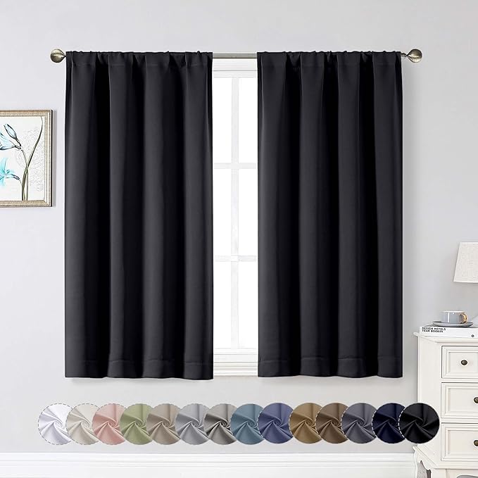 Black Room Darkening Curtains for Bedroom Living Room 45 Inch Length 2 Panels Set, Soft Solid Thermal Insulated Rod Pocket Short Curtains Drapes, Black, 2PCS Each 40" Wx45 L