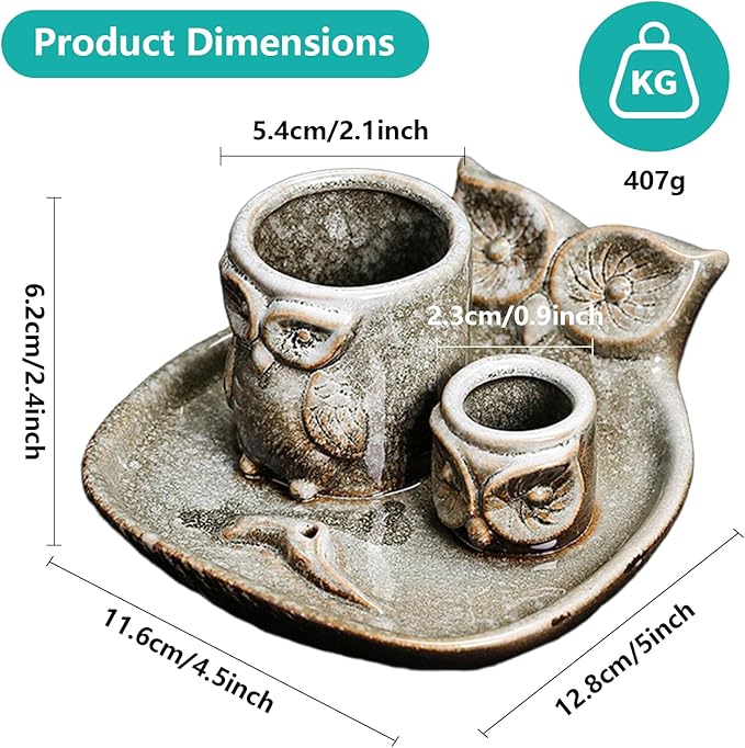 Comeon Palo Santo Holder, 4 in 1 Ceramic Owl Backflow Incense Burner Holder Candle Holder Sage Holder for Burning Bow(Grey)